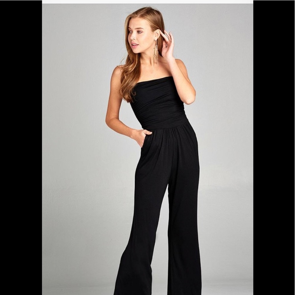 Tube Top Long Wide Leg Rayon Spandex Jumpsuit - Picture 3 of 6